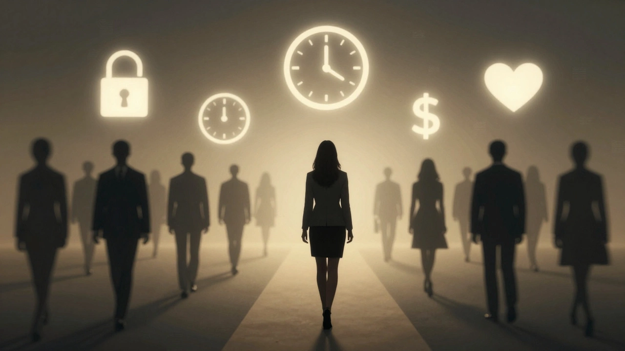 A silhouette walks away from a crowd toward glowing symbols of freedom and control.