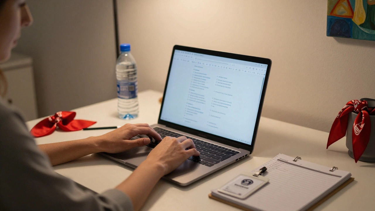 A woman&#039;s hands work on a laptop in a cozy apartment, surrounded by organized tools of her trade.