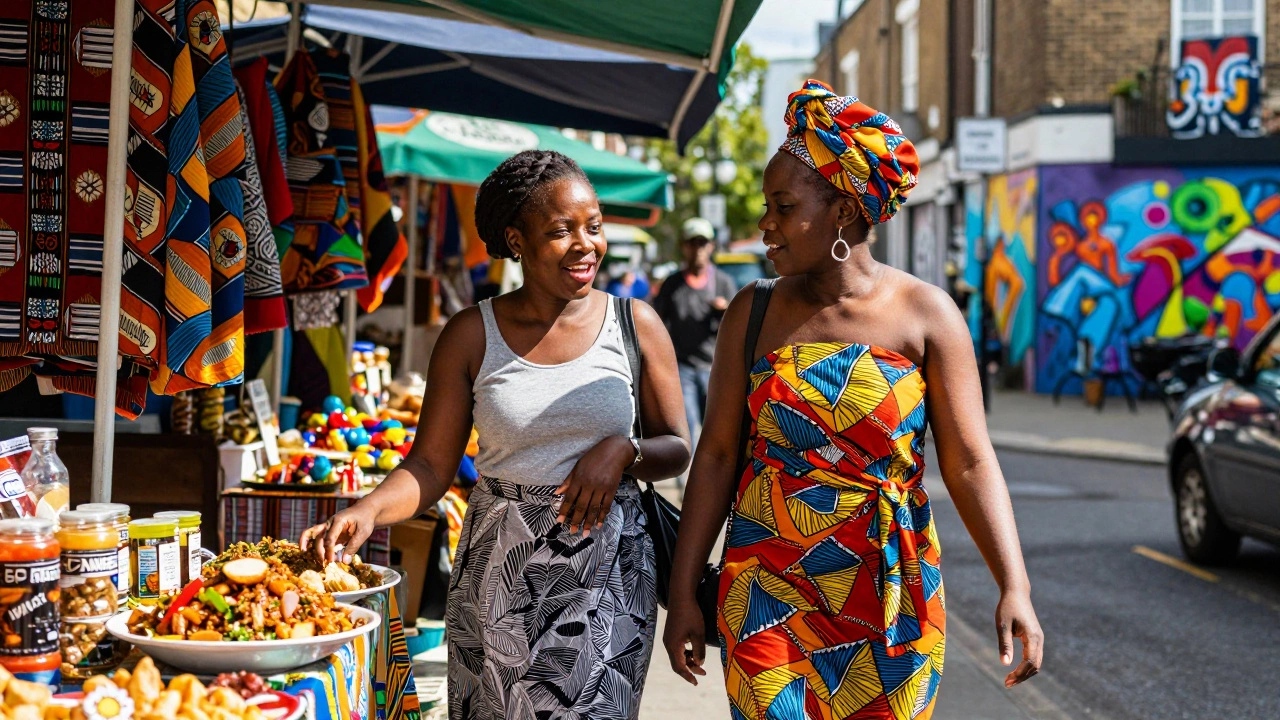 An ebony woman and client exploring a vibrant London street market together.