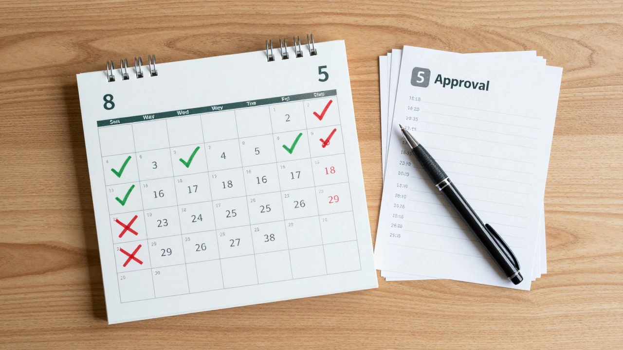 Calendar showing optimal weekdays for ad submission with weekend delays marked