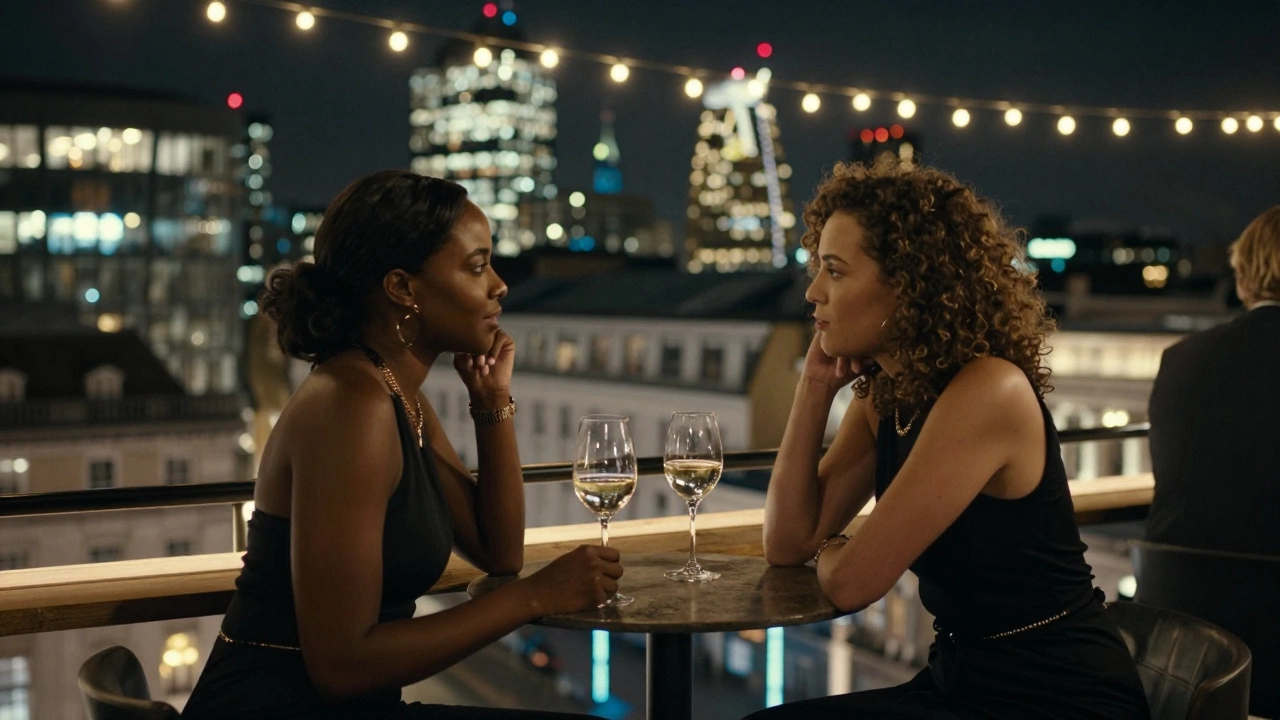 Two people sharing a quiet moment at a rooftop bar with city lights behind them.